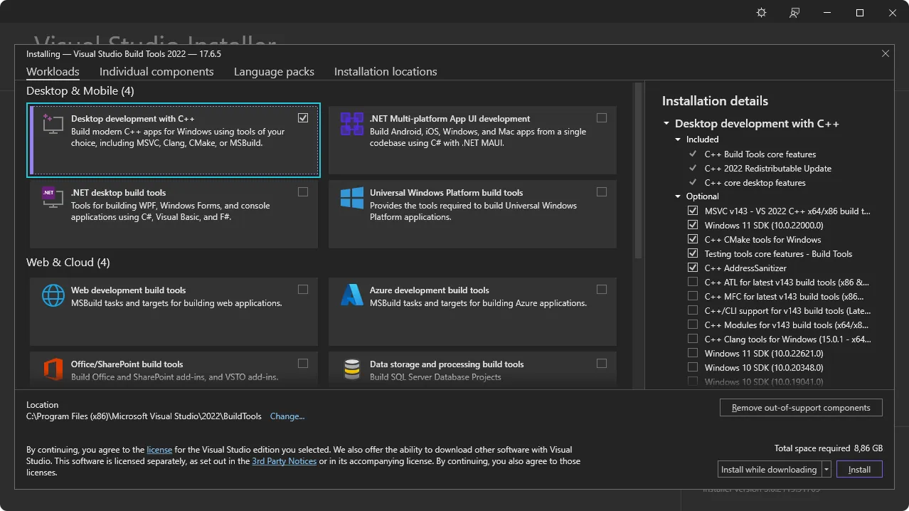 Microsoft C++ Build Tools のインストール画面